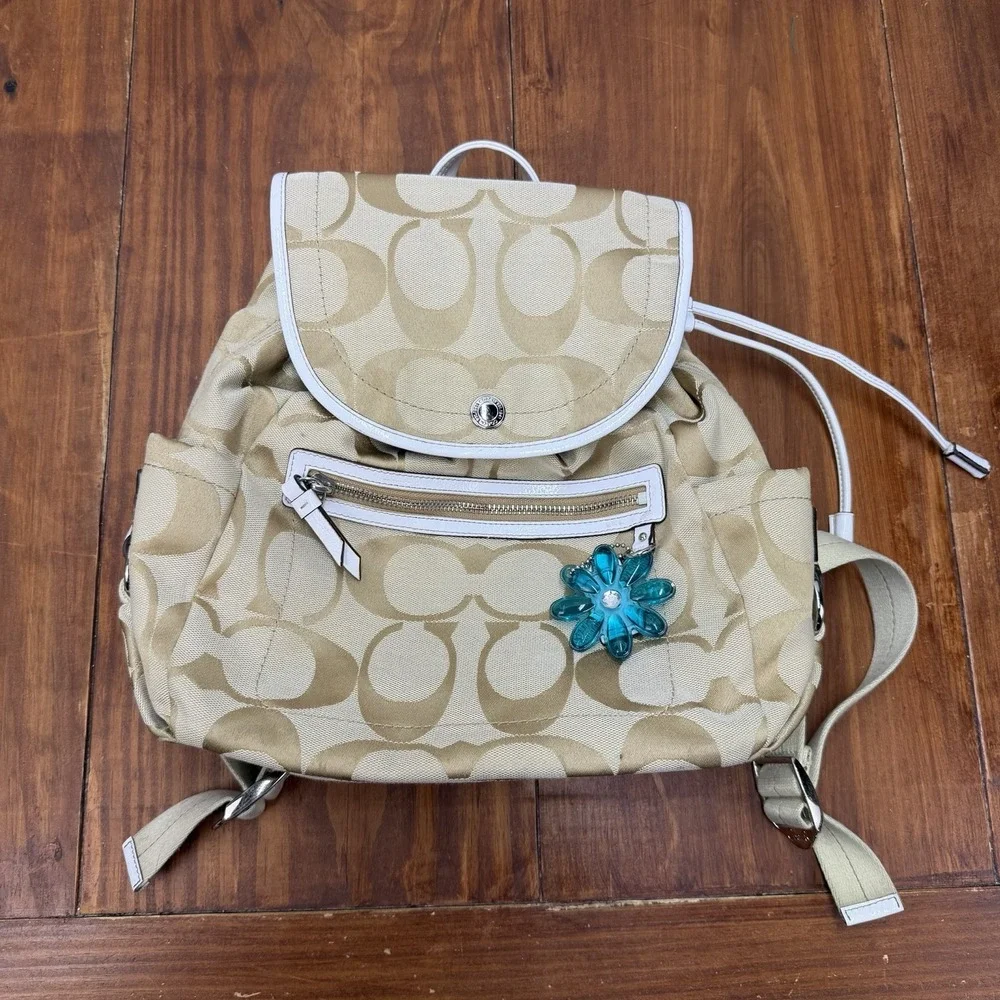 Coach Tan Canvas Backpack with Leather White Trim- Kyra Daisy Signature